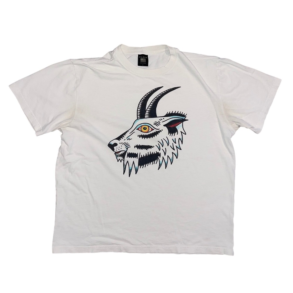 Filson Mens Graphic T-Shirt Large White Goat Head Tattoo Art Made in USA Cotton